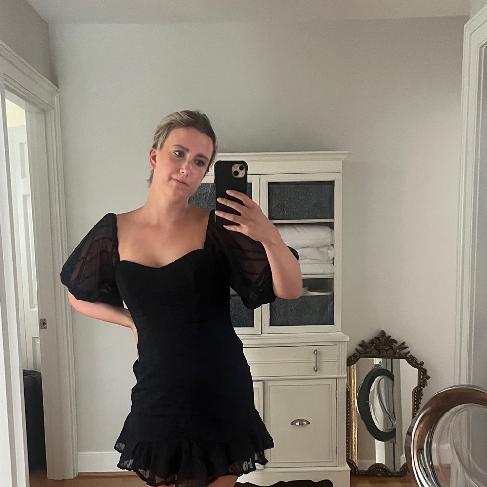 Selfie Leslie Black Mini Dress with Sheer Puff Sleeves